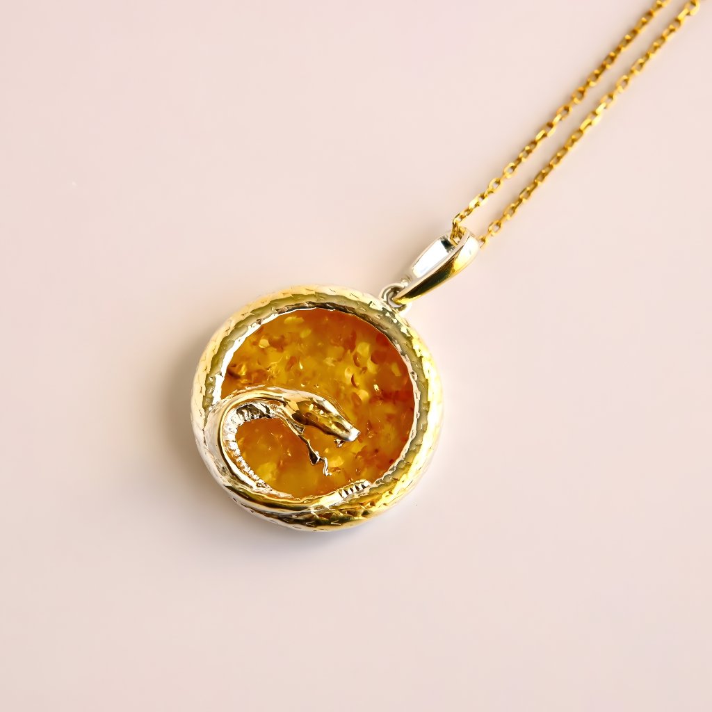Cobra Snake Amber Necklace In Gold Plated Sterling Silver